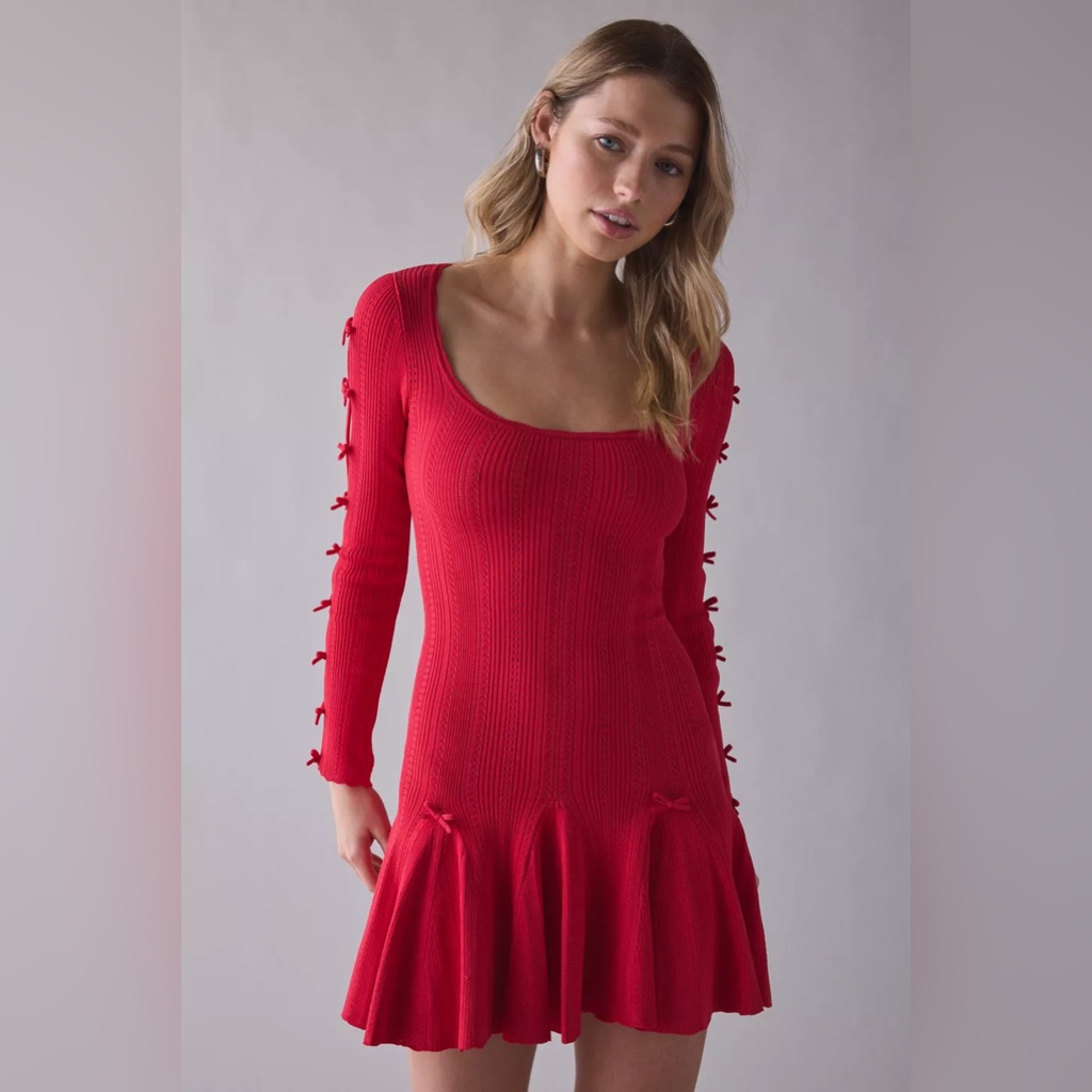 Nwt Loveshackfancy Seychelle Ribbed Pointelle Mini Dress In Candy Apple.